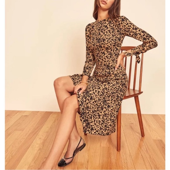 REFORMATION Tan & Black Spotted Leopard Print Tie Sleeve Port Blitz Midi Dress - Picture 9 of 12